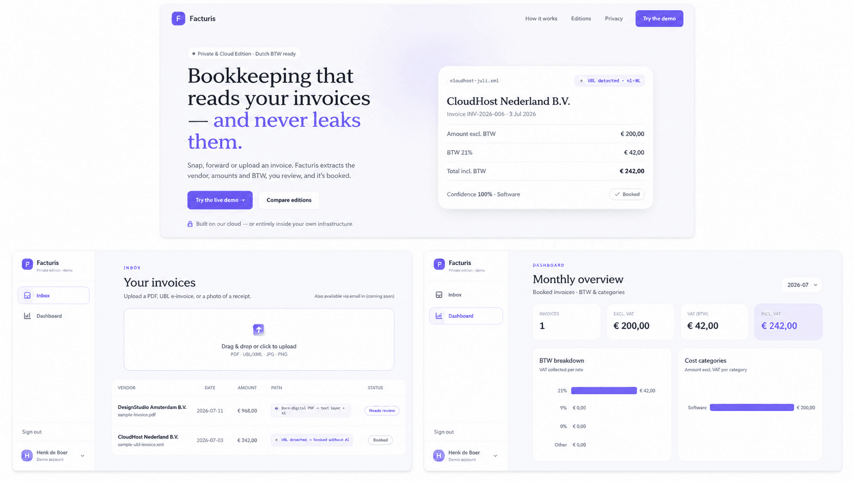 Facturis end to end: the product page, the invoice inbox showing how each document was routed (UBL straight through, PDF via text layer + AI), and the monthly dashboard broken down per BTW rate.