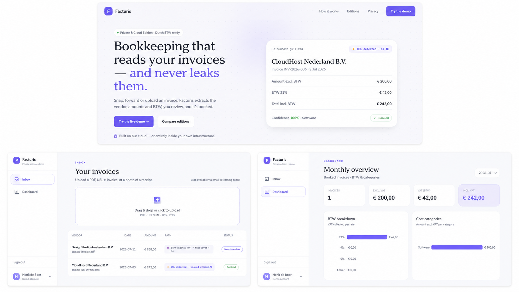 Facturis: the landing page, the invoice inbox, and the monthly BTW dashboard